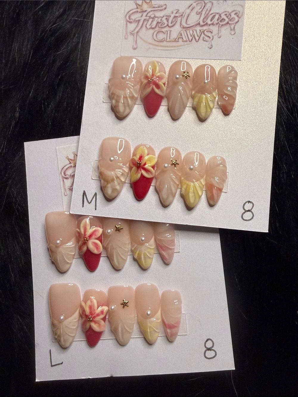 Pink Floral Press-On Nails - Peach & Red Accent